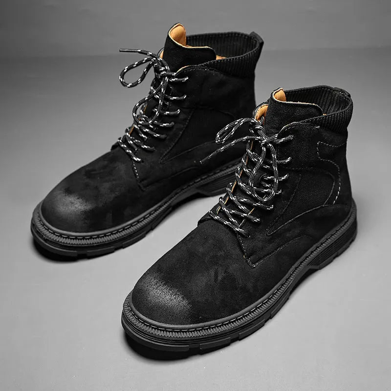 Men's vintage Martin boots with frosted leather texture and low thick rubber heel