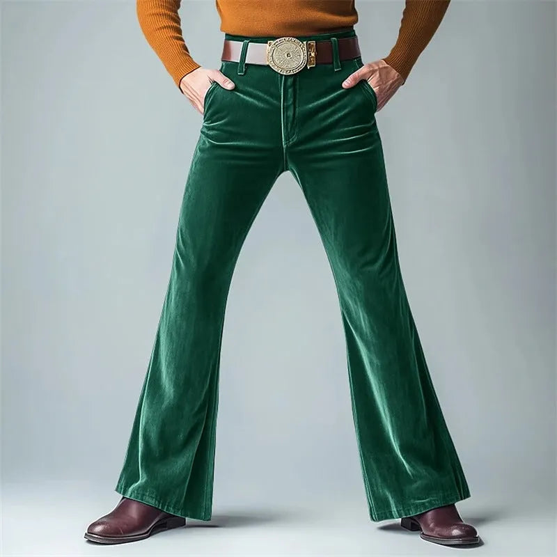 Men's gold velvet slim flared trousers in multiple colours for formal casual wear