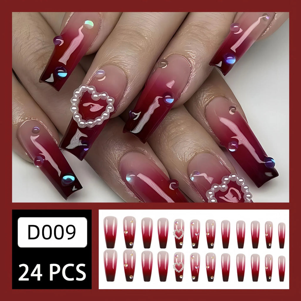 Wine red gradient plaid false nail tips with long ballet style and jelly glue system