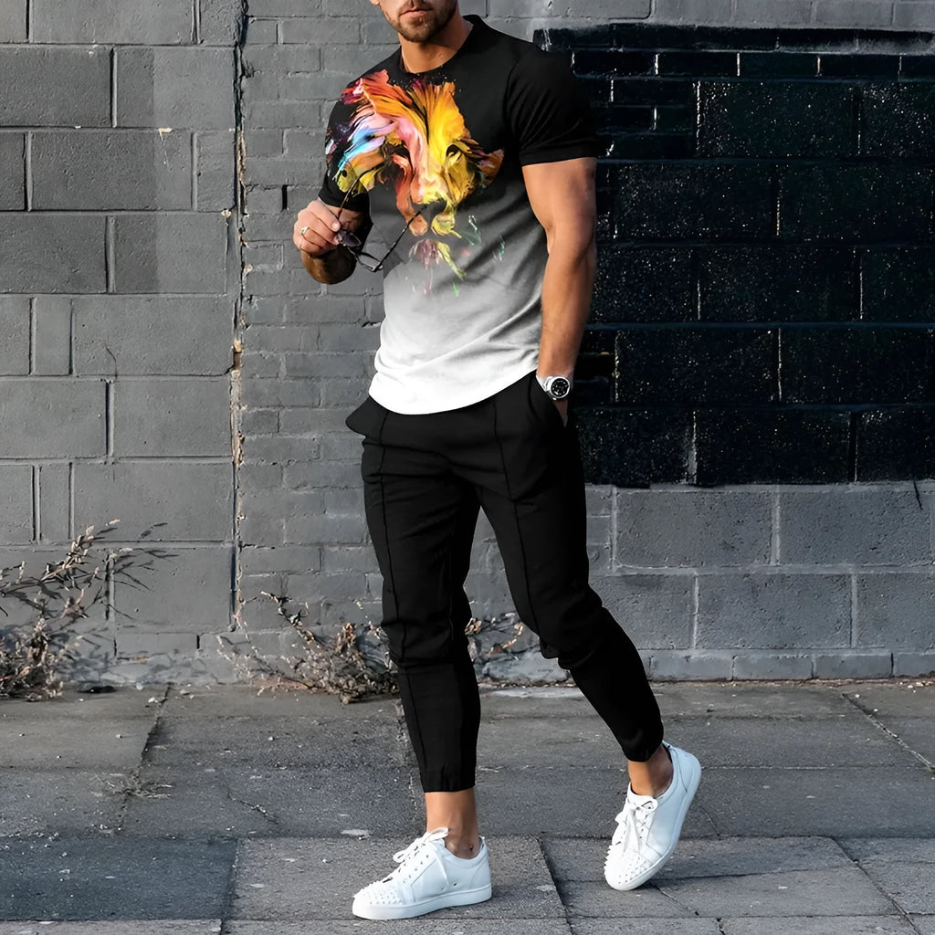 Men's short-sleeved round neck pullover and matching trousers sportswear set in polyester blend fabric