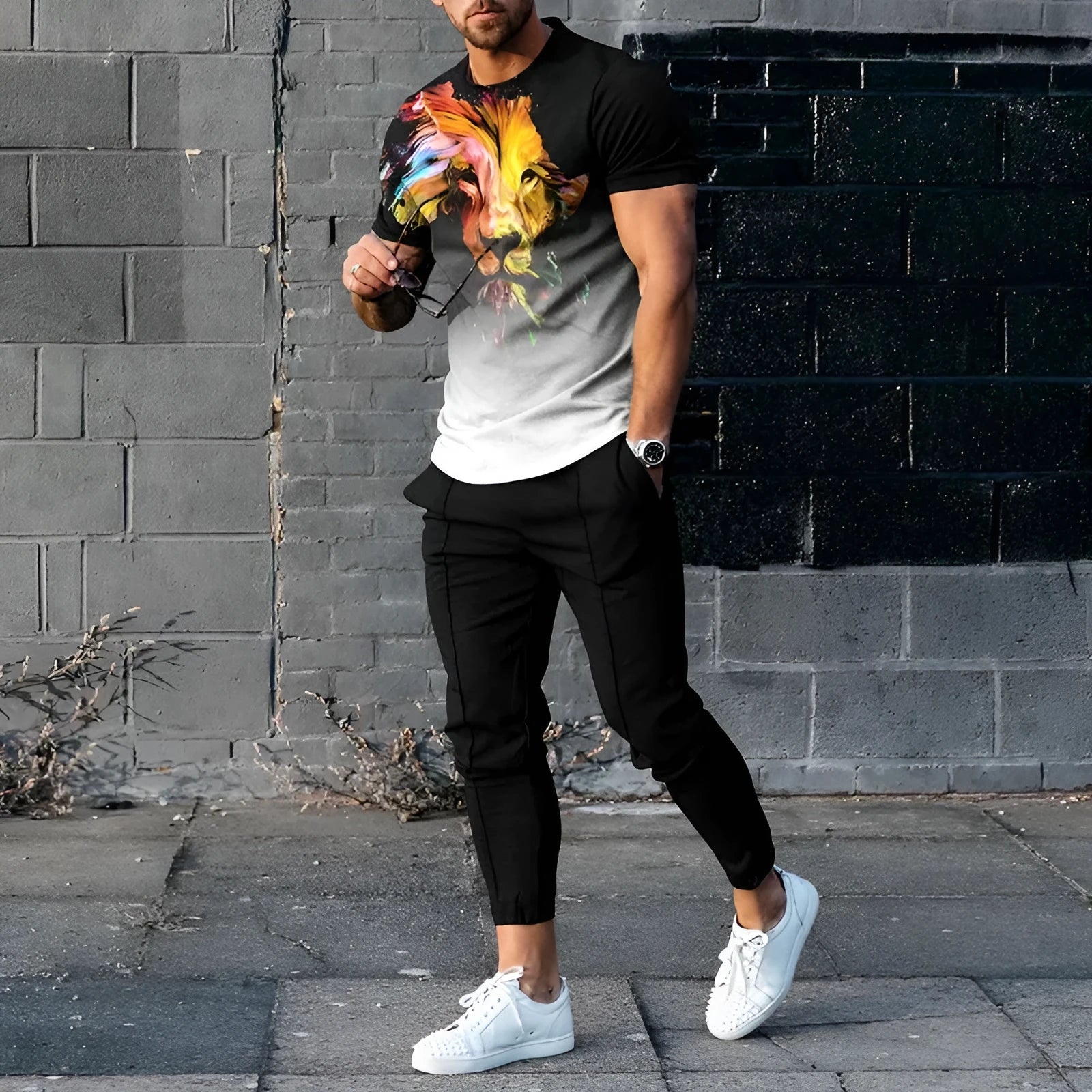 Men's short-sleeved round neck pullover and matching trousers sportswear set in polyester blend fabric