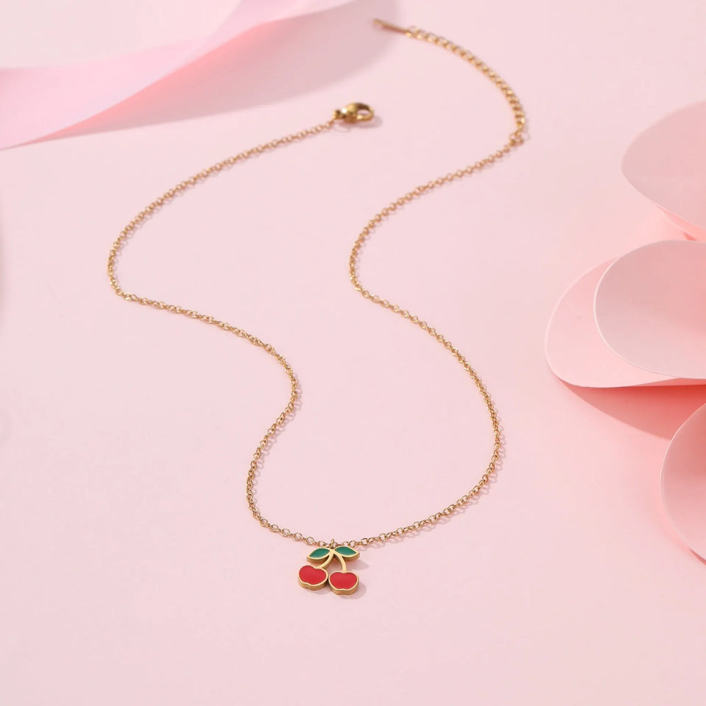 Cherry jewellery set with necklace, bracelet, earrings and ring in stainless steel with 18K gold plating