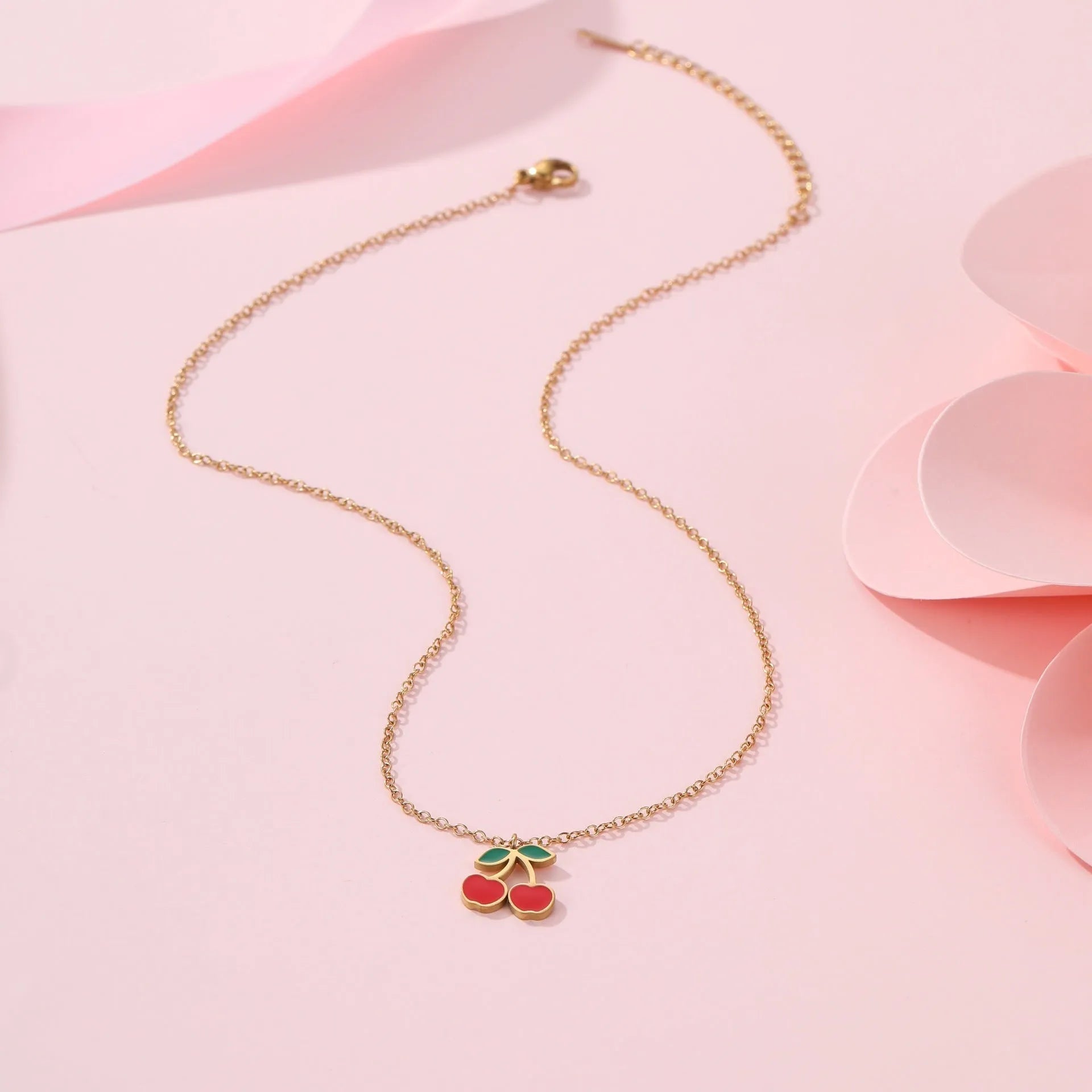 Cherry jewellery set with necklace, bracelet, earrings and ring in stainless steel with 18K gold plating
