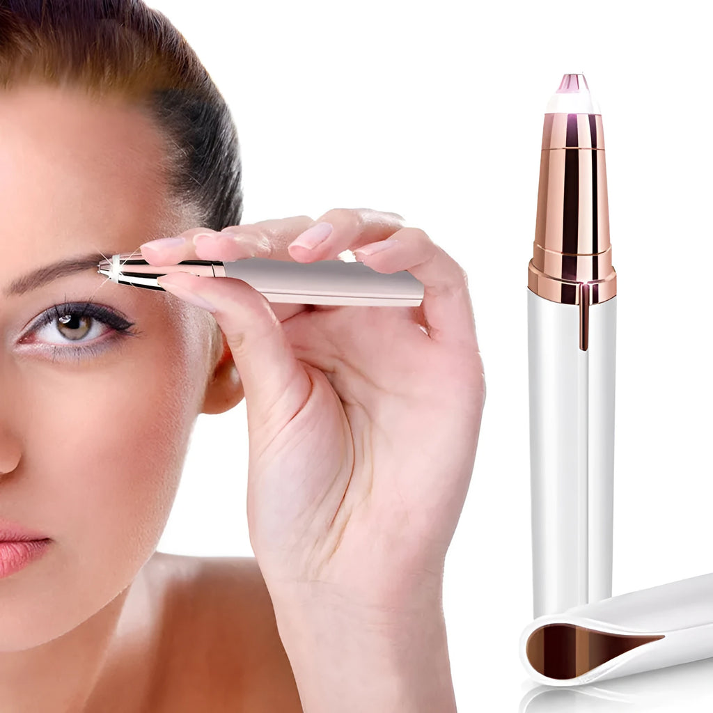 Gold plated eyebrow trimmer pen with LED light and micro precision head for painless brow shaping