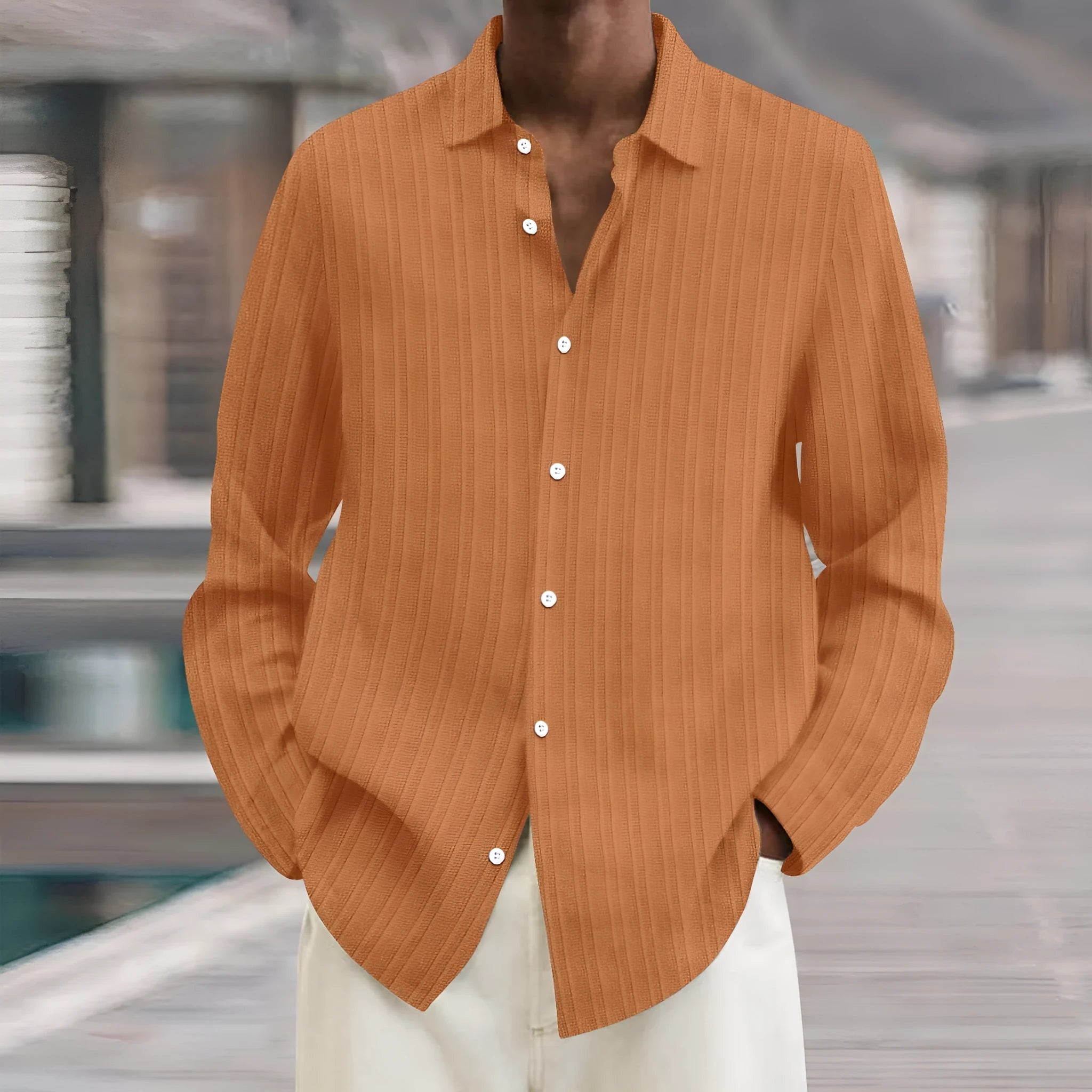 Men's striped cardigan shirt with long sleeves in loose fit British style for summer wear