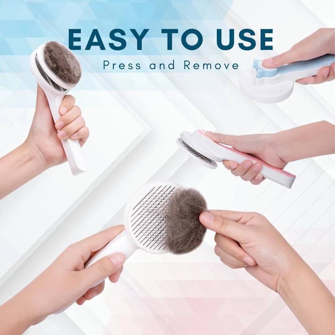 Blue grey pink self-cleaning slicker brush for dogs and cats with ergonomic handle