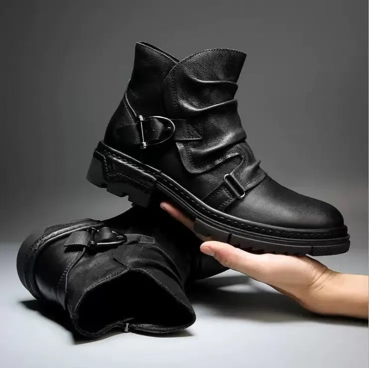 Large size square heel high-top men's boots in brown colour with stitching and low tube design