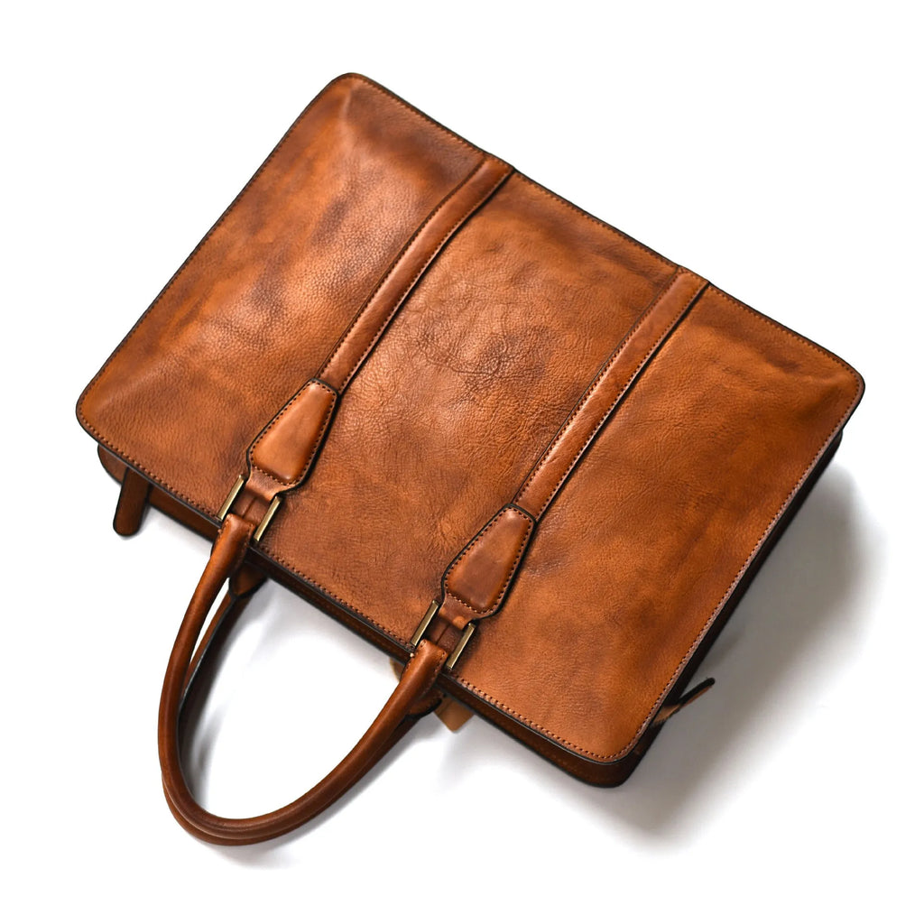 Men's 14 inch horizontal leather business handbag in khaki colour with zipper opening