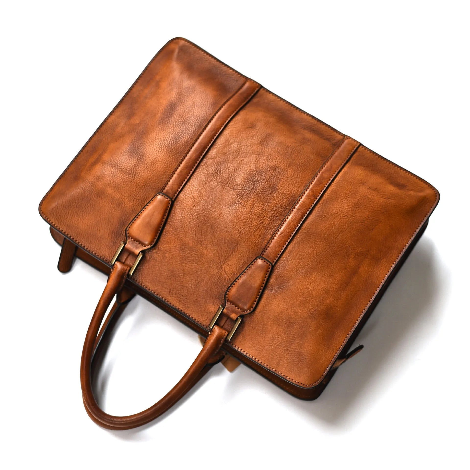 Men's 14 inch horizontal leather business handbag in khaki colour with zipper opening