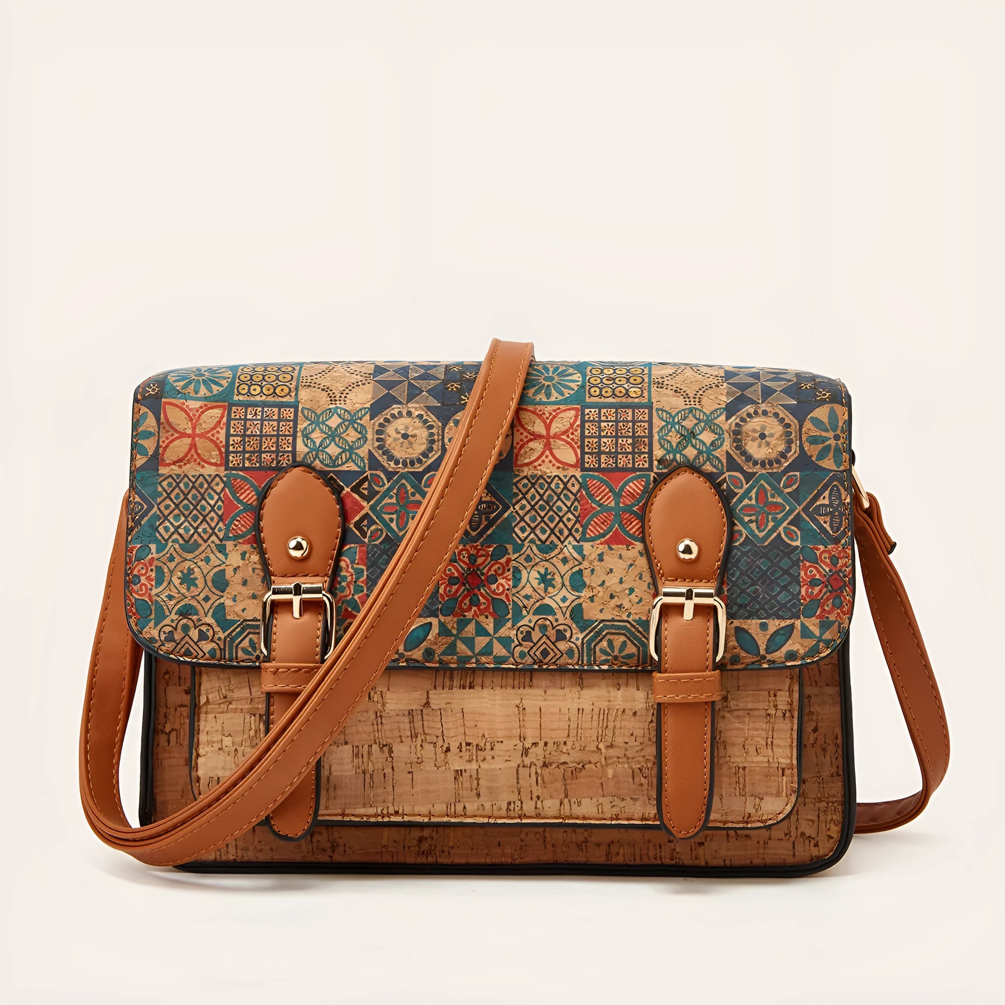 Women's printed one-shoulder crossbody bag in PU leather showing colour options: pansy, square print, grass flower, green.