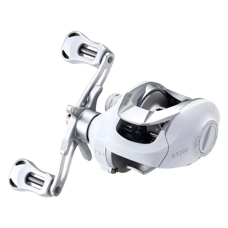 Small white drip wheel baitcasting fishing reel for micro lures with left or right hand retrieve options