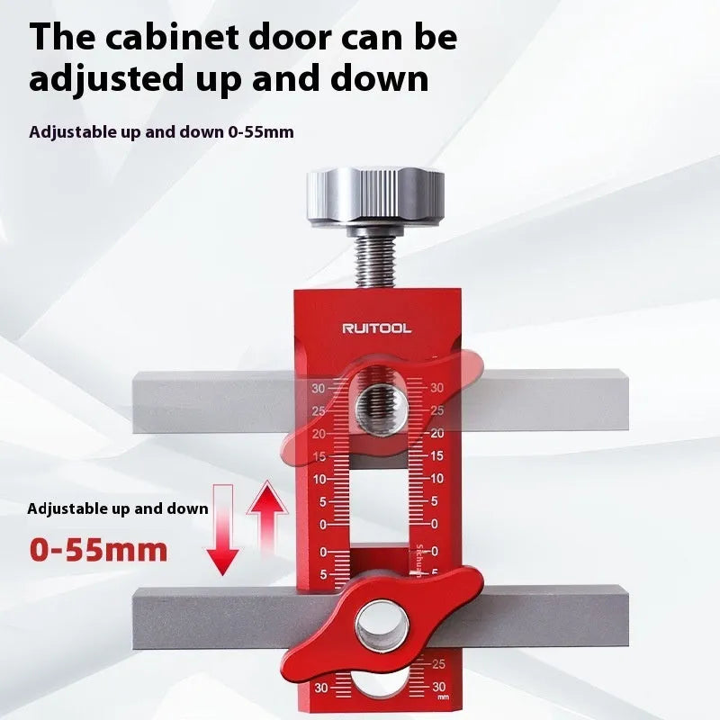 Aluminium alloy cabinet door installation aid for woodworking hinge alignment.
