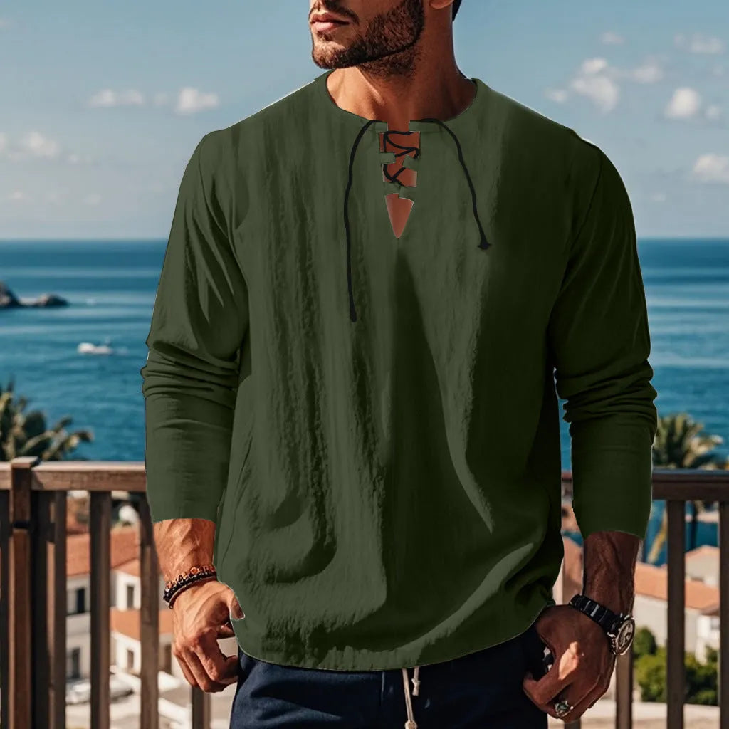 Men's solid colour cotton linen blend loose fit pullover shirt on a hanger.
