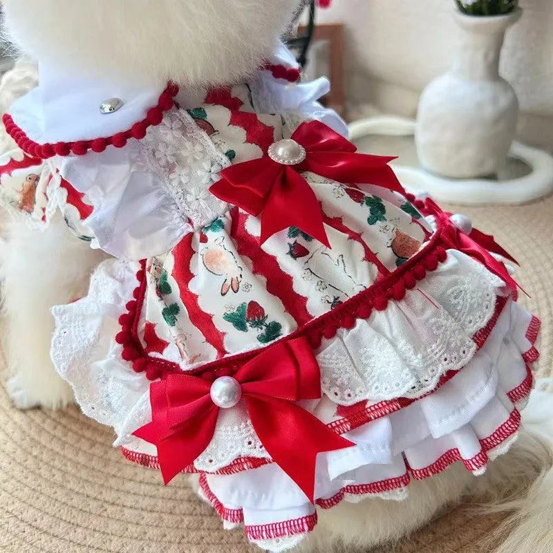 Polyester rabbit skirt dog clothes princess style costume on small dog showing chest and back measurements
