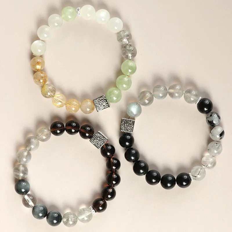 Khaki crystal couple bracelets with 10mm geometric beads in Chinese style design