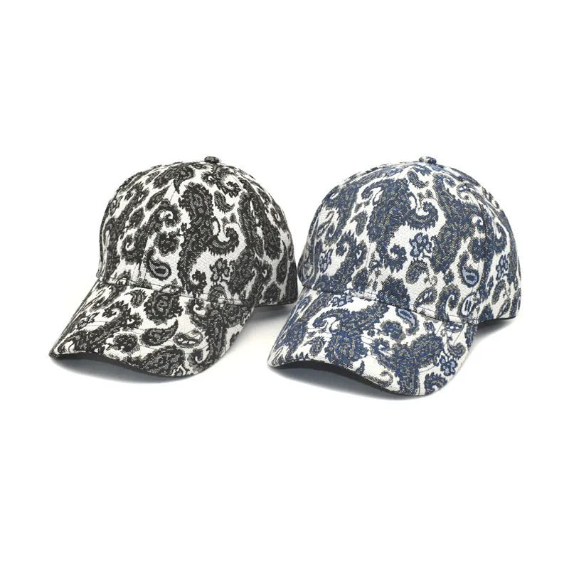 Blue polyester baseball cap with printed paisley pattern, dome crown style, size M 56-58cm