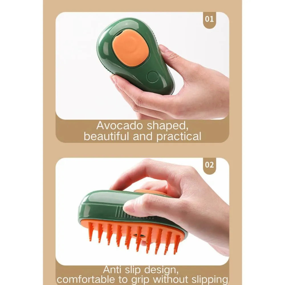 Green and white cat steam brush with water spray function and silicone massage teeth