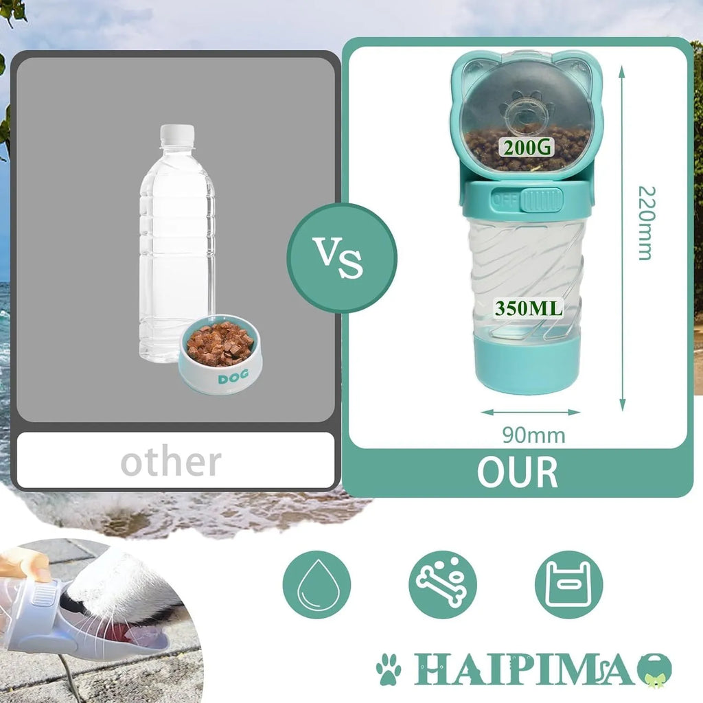 Green 3-in-1 portable pet water bottle with food container and waste bag dispenser showing rotary switch