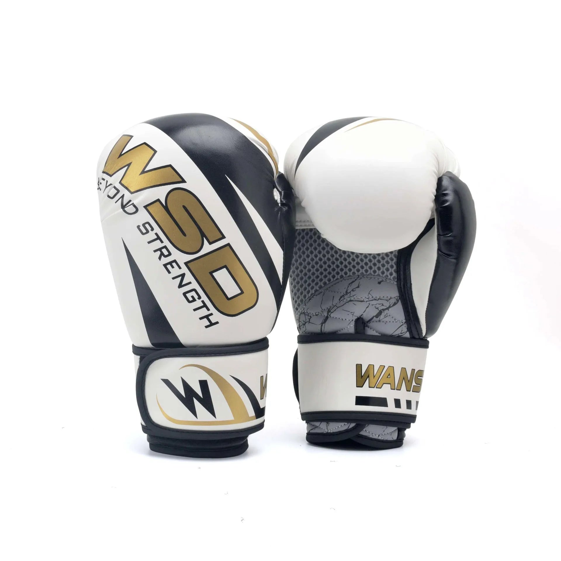 PU leather boxing gloves in white for training and fitness, available in 6-14oz sizes