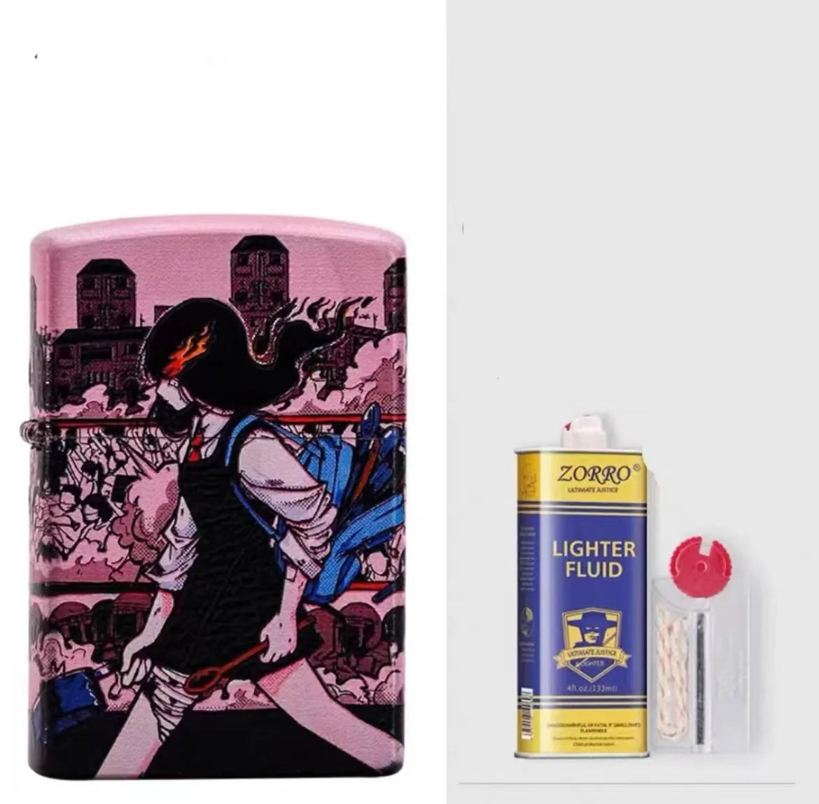 Windproof kerosene lighter with decorative copper case showing artistic design