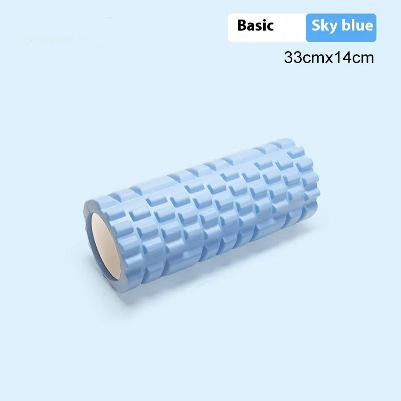 EVA foam roller for fitness in black, grey, pink, sky blue, or light purple, showing size options.
