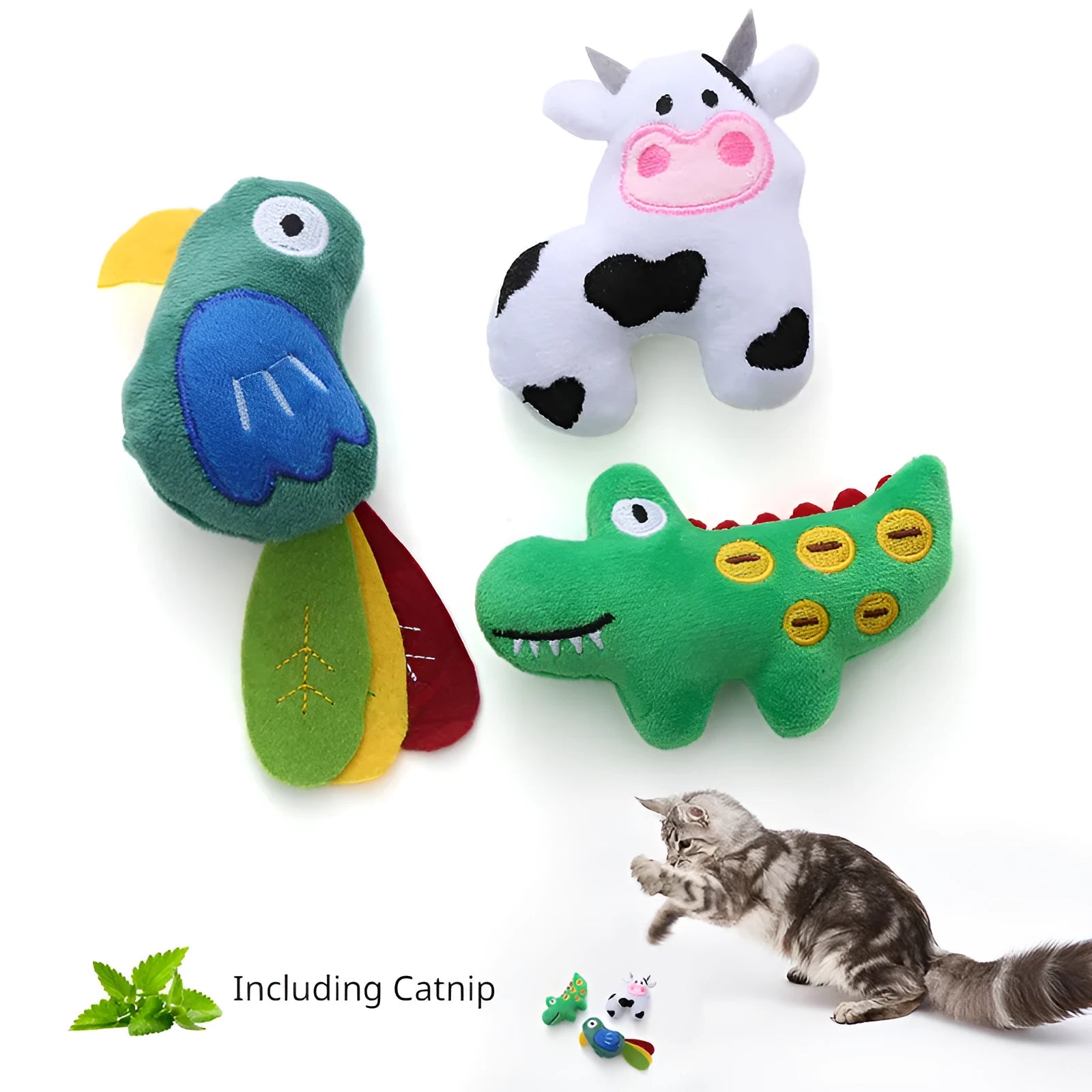Cow parrot shape plush cat toy with colourful fabric and catnip filling for interactive play