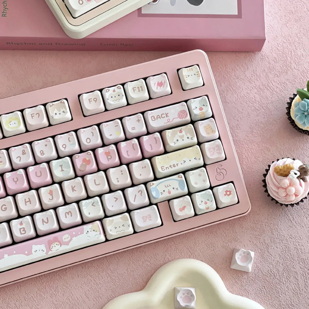 Meow Meow Team themed 141-piece plastic keycap set for MX mechanical keyboards with five-sided sublimation printing.
