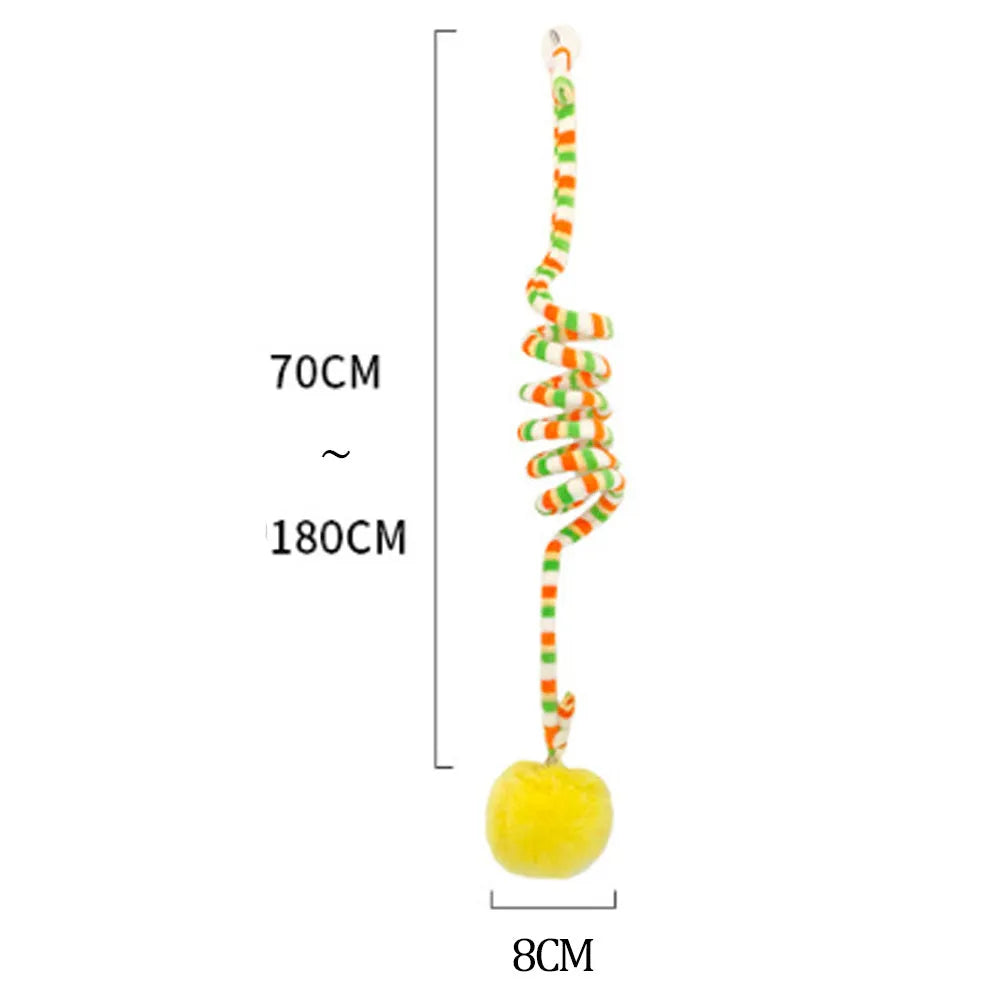 Spring-mounted inflatable ball cat toy with bell stick and suction cup attachment in various colours