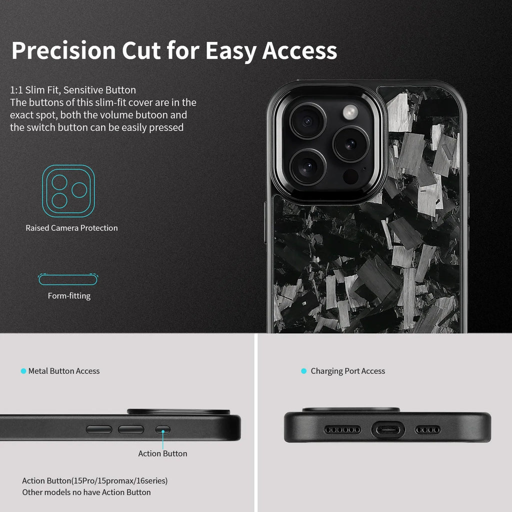 Metal frame carbon fibre phone case with forged pattern and magnetic attachment for iPhone 17