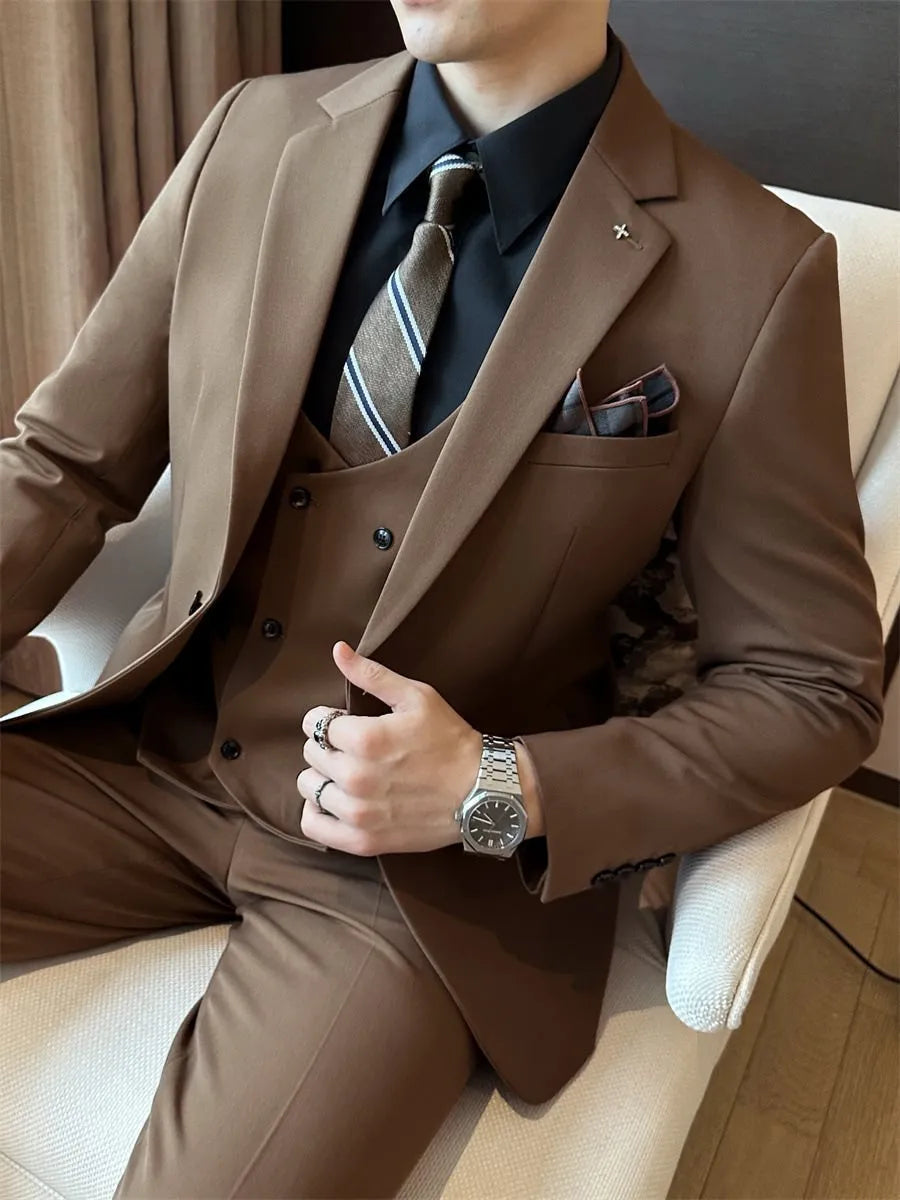 Men's slim fit business formal wear in chemical fibre blend fabric camel colour