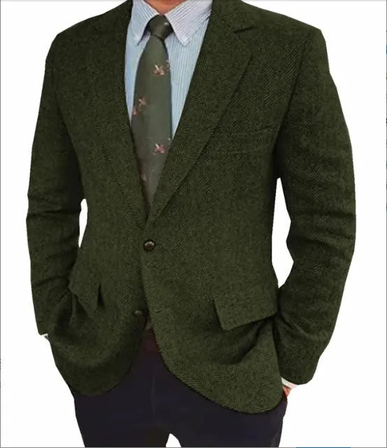 Men's brown herringbone business casual suit jacket with retro styling and long sleeves