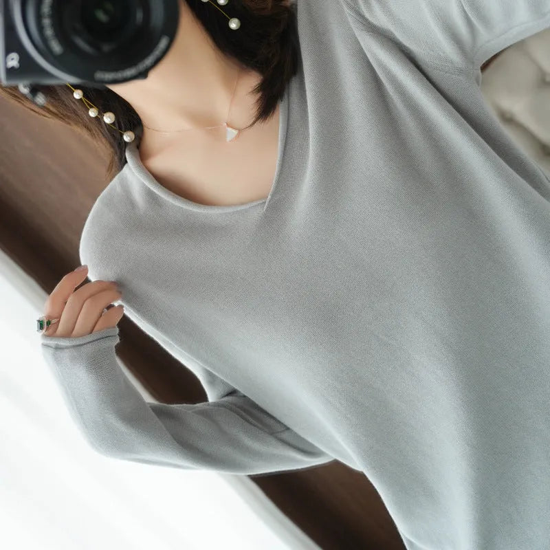Women's V-neck long sleeve knitwear pullover top in a macaron colour, showcasing non-iron elegant style.