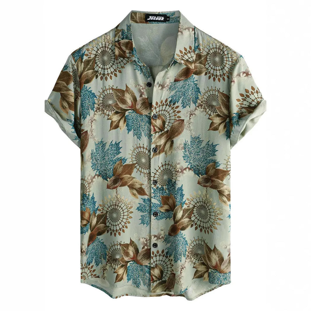 Hawaiian floral print short sleeve lapel cardigan shirt with elastic polyester fabric