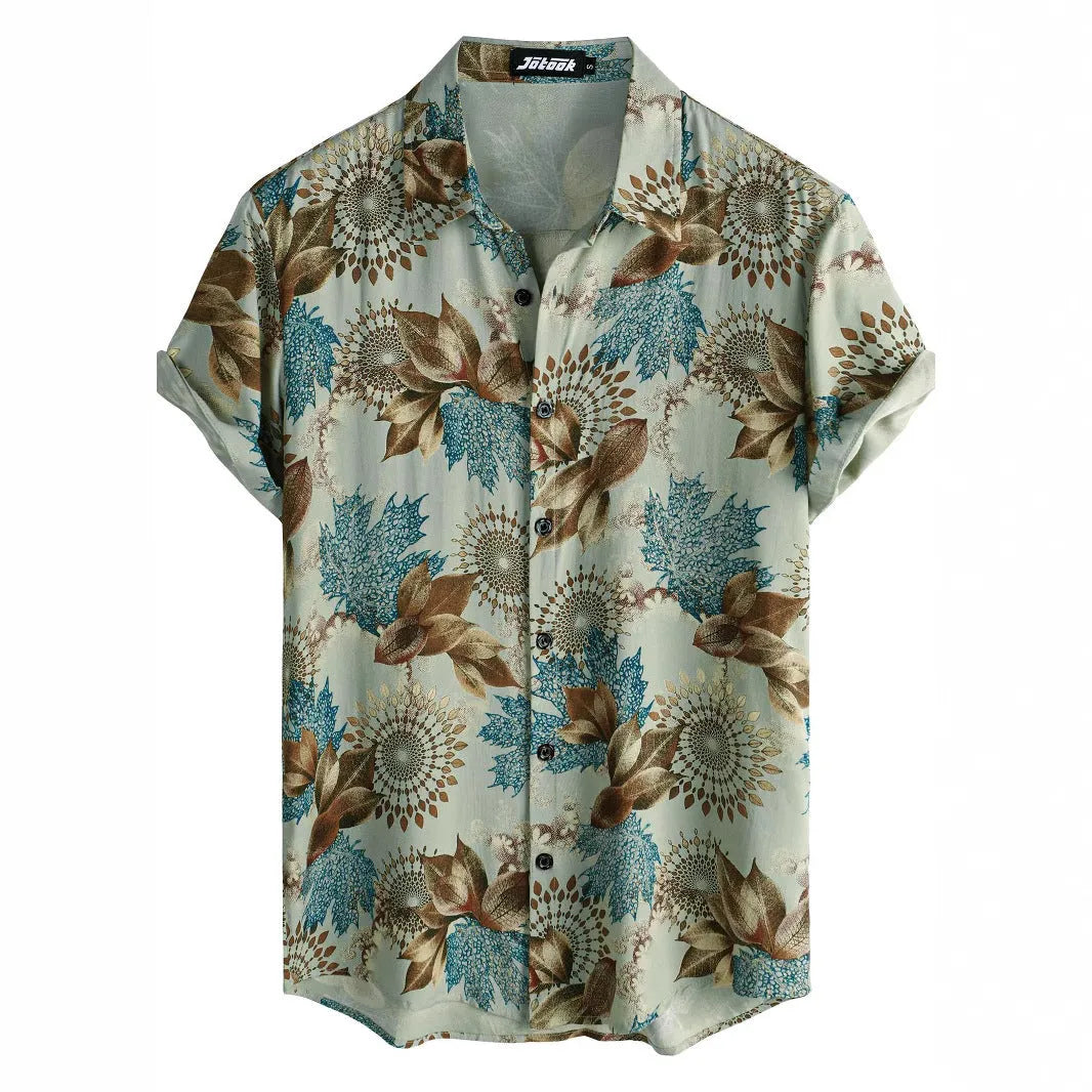 Hawaiian floral print short sleeve lapel cardigan shirt with elastic polyester fabric