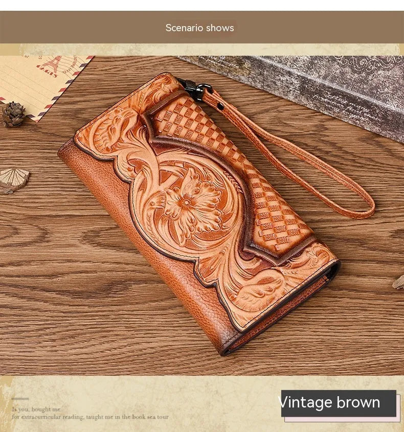 Chinese floral embossed tri-fold women's wallet in retro brown cowhide leather showing folded dimensions