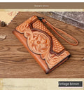 Chinese floral embossed tri-fold women's wallet in retro brown cowhide leather showing folded dimensions