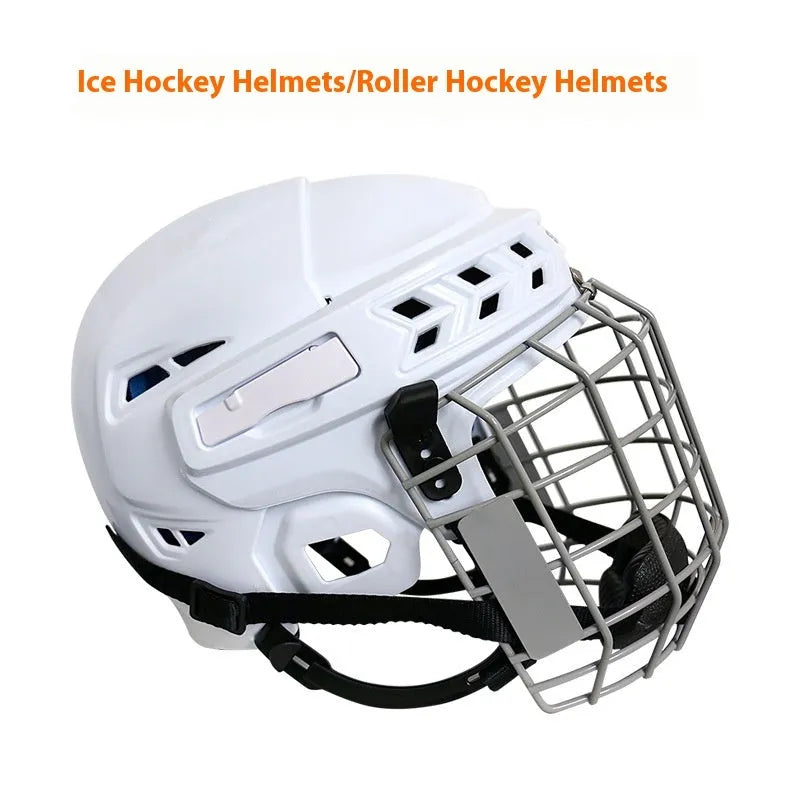 Ice hockey helmet with a carbon steel face mask, shown in size S, M, L, or XL.