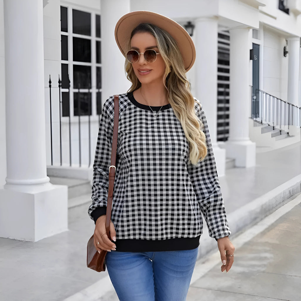 Black polyester Japanese plaid pullover sweater with stripes print and long regular sleeves