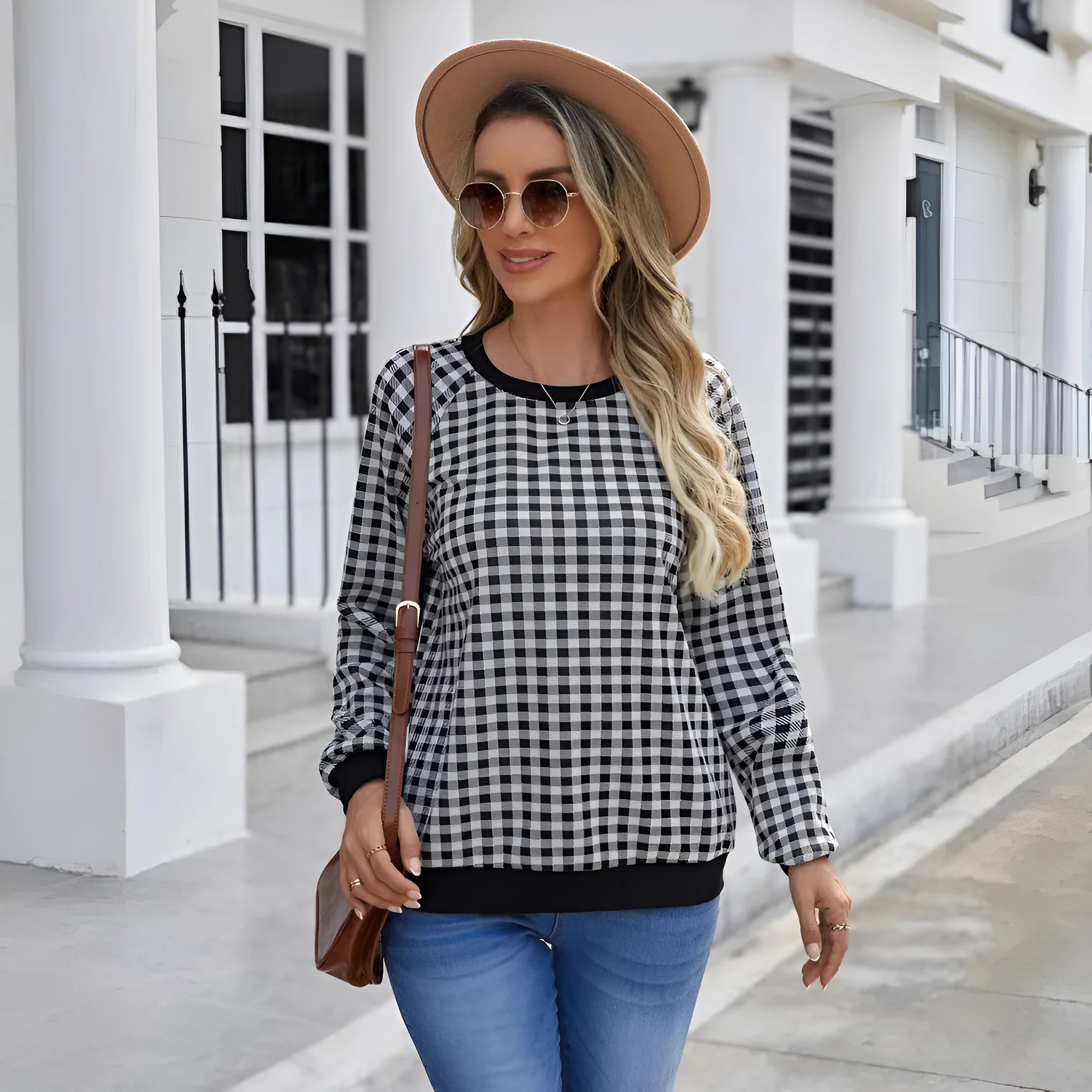 Black polyester Japanese plaid pullover sweater with stripes print and long regular sleeves