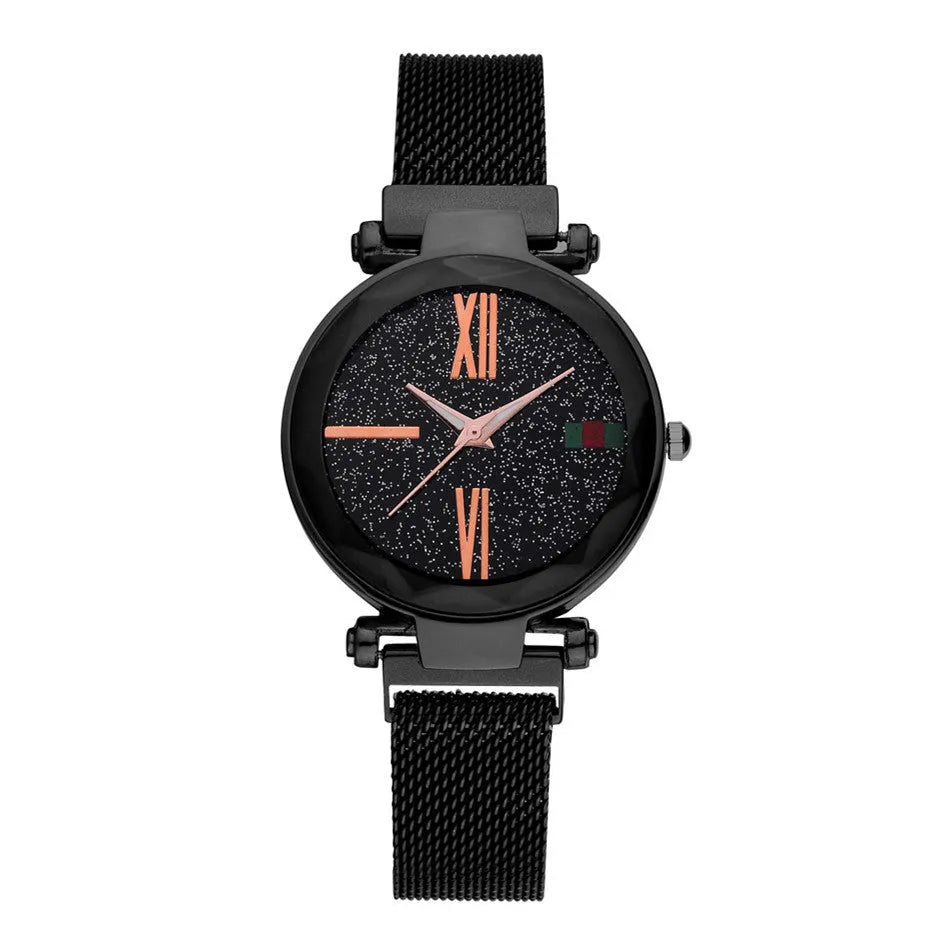 Women's magnetic clasp watch with round dial on stainless steel strap in six colour options.