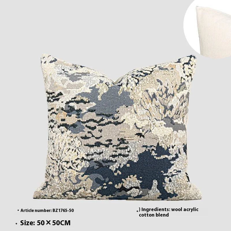Antique blue abstract floral decorative cushion on wool blend fabric in square and waist sizes.