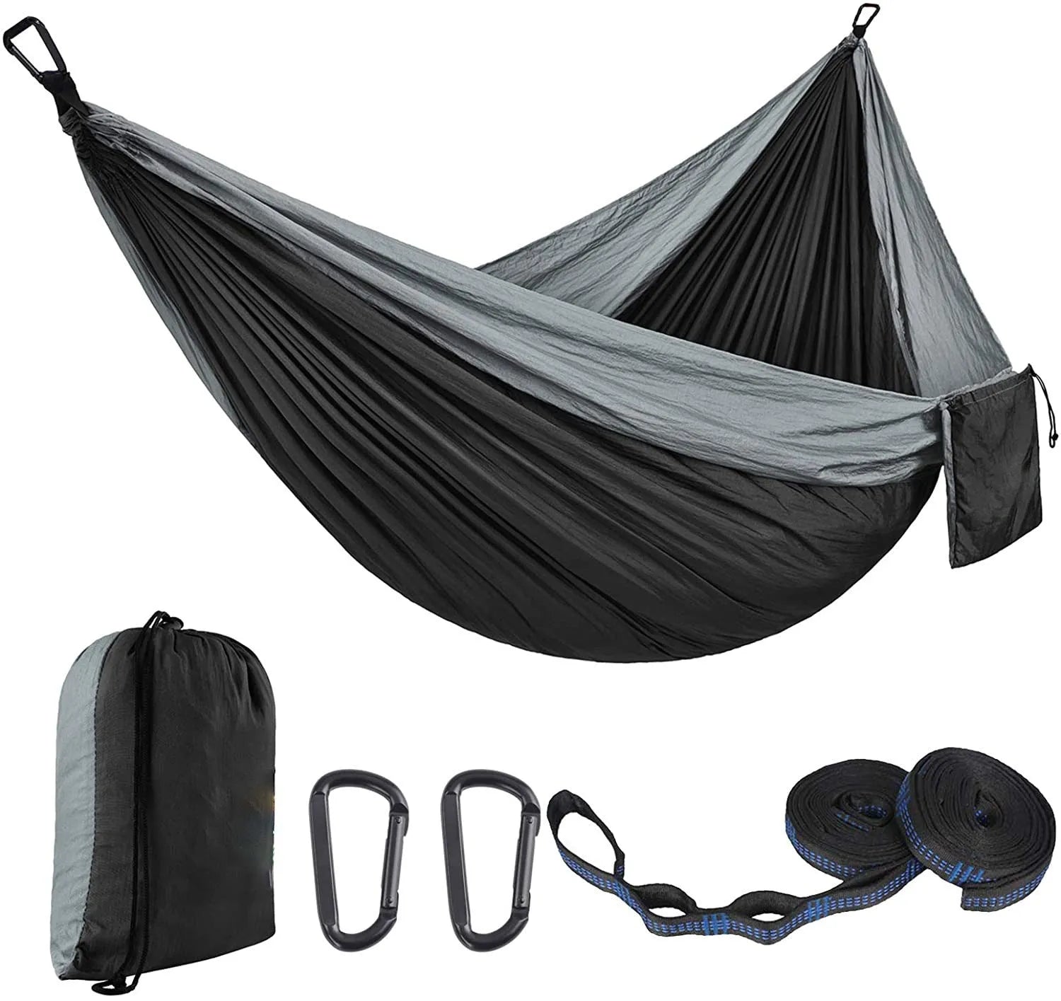 Double camping hammock with ropes and buckles shown in outdoor setting