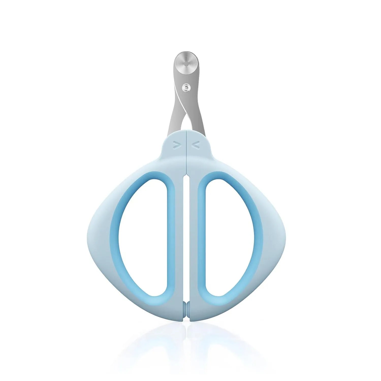 Close-up of a pink pet nail clipper showing the round positioning hole and stainless steel blade.