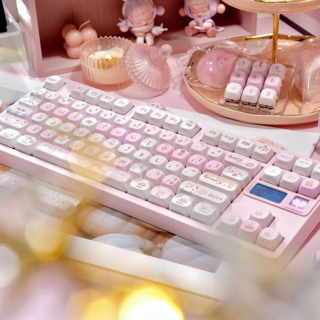 Set of pink cartoon design key caps for mechanical keyboards with MOA profile and five-sided sublimation print.