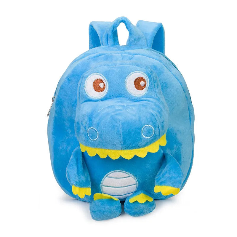 Colourful dinosaur plush backpack for children with soft handle and embroidery detail.