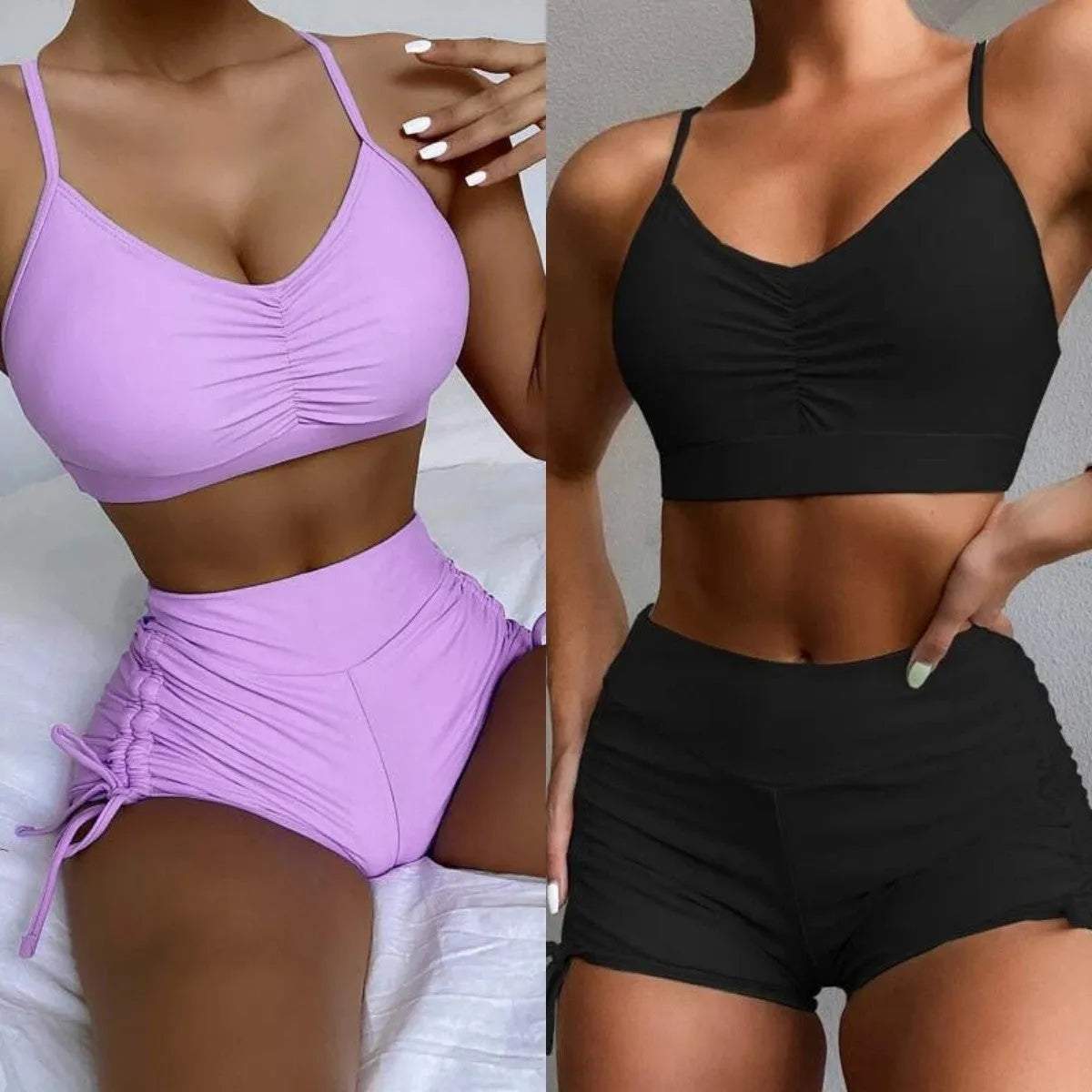 Women's black or purple high waist split swimsuit bikini set with sleeveless top and shorts