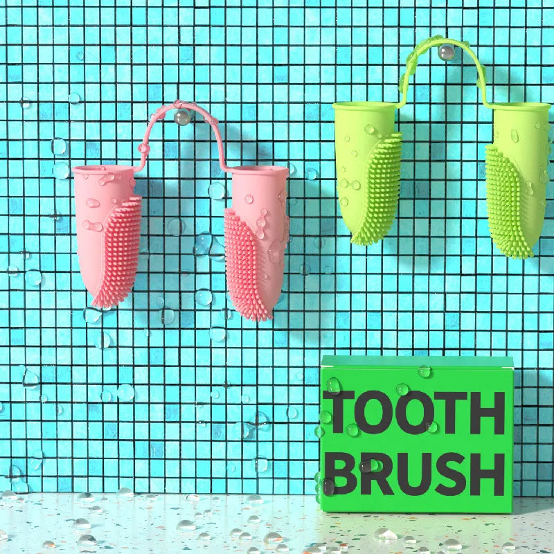 TPR double finger pet toothbrush in pink, blue green, and yellow for dog and cat dental care.