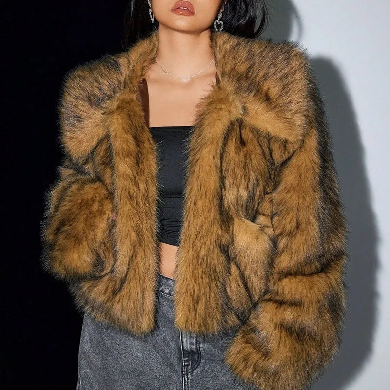 Women's artificial fur coat with fur collar in six colour options including dog fur pattern