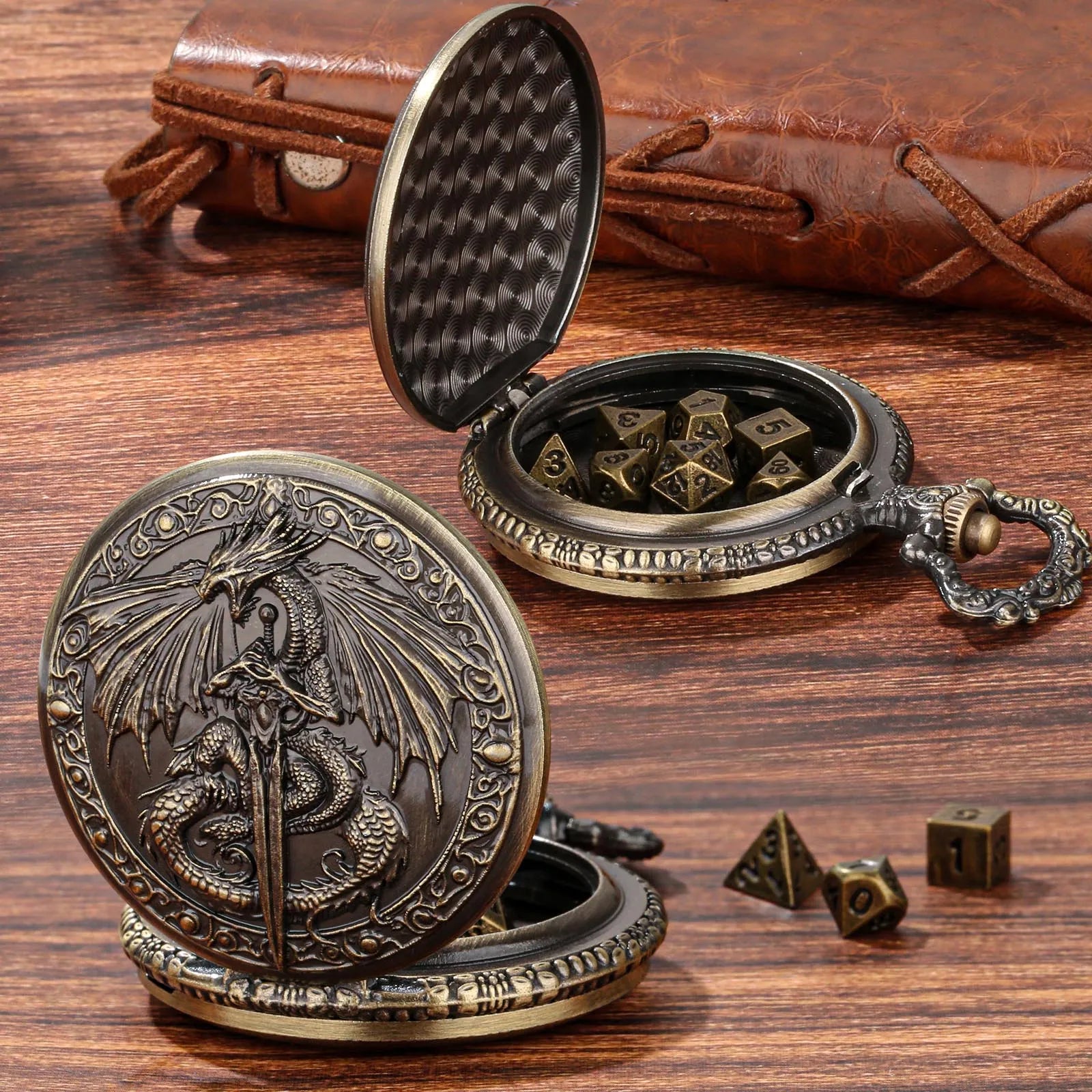 Zinc alloy DND dice storage case with winged beast relief, 5 cm size, in bronze finish