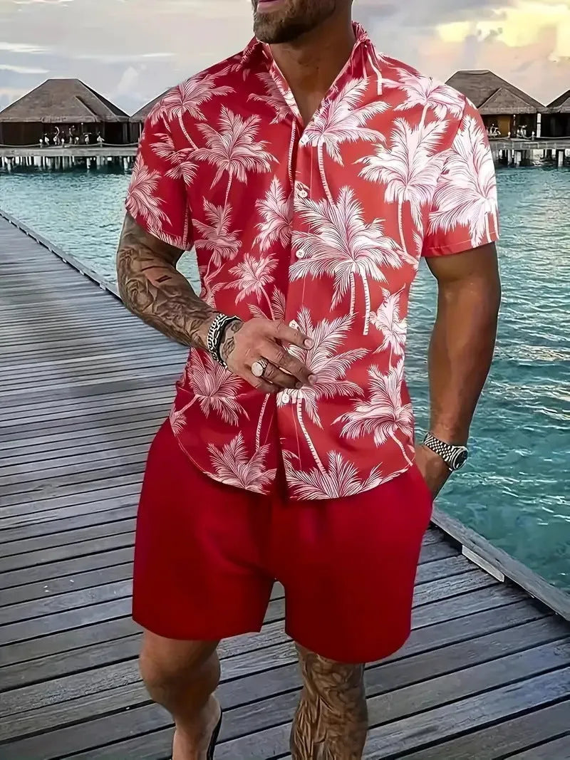Men's Hawaiian patterned short sleeve suit with 3D print design and matching shorts